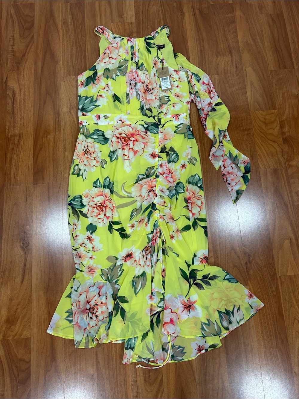 Johnston & Murphy Yellow Floral One-Shoulder Ruffle Midi Dress